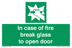 In case of fire break glass to open door